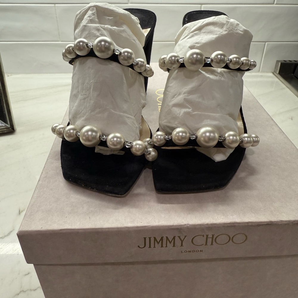 Jimmy Choo Black Heels with Pearl Accents